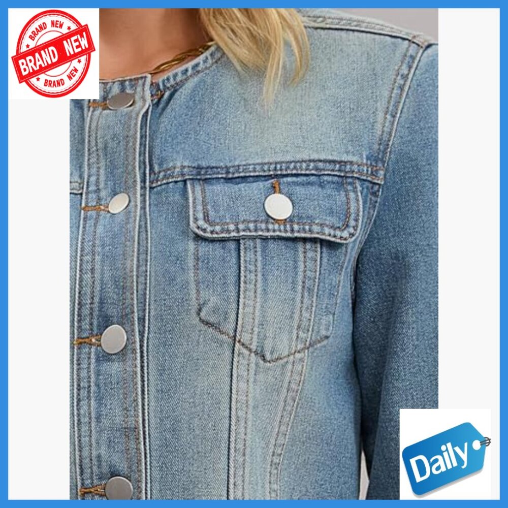 Classic Denim Jacket Collarless Button Down Long … - image 5
